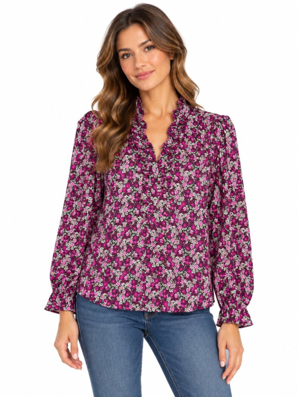 JUDE CONNALLY Long Sleeve Floral Ruffle Blouse Magenta Size Medium